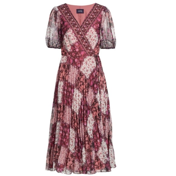 MARCHESA Notte Floral Pleated A-Line Faux Wrap Short Sleeve Midi-Dress Size 6 - Picture 4 of 12
